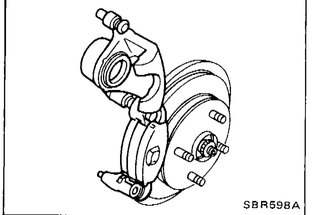 Caliper cylinder body swung upward off the rotor, exposing pads, pad retainer and shims for replacement.