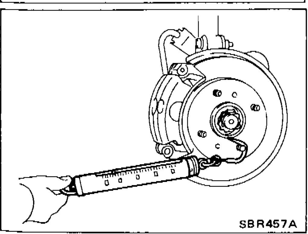 Spring-scale being pulled tangentially on the rotor edge with caliper installed, pads in place, after the brake-pedal pump-and-rotate sequence to measure F₂.