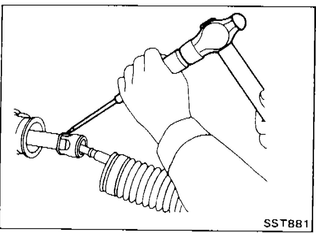 Hand using small chisel/screwdriver to pry the staked portion of the tie-rod inner socket open before unscrewing.