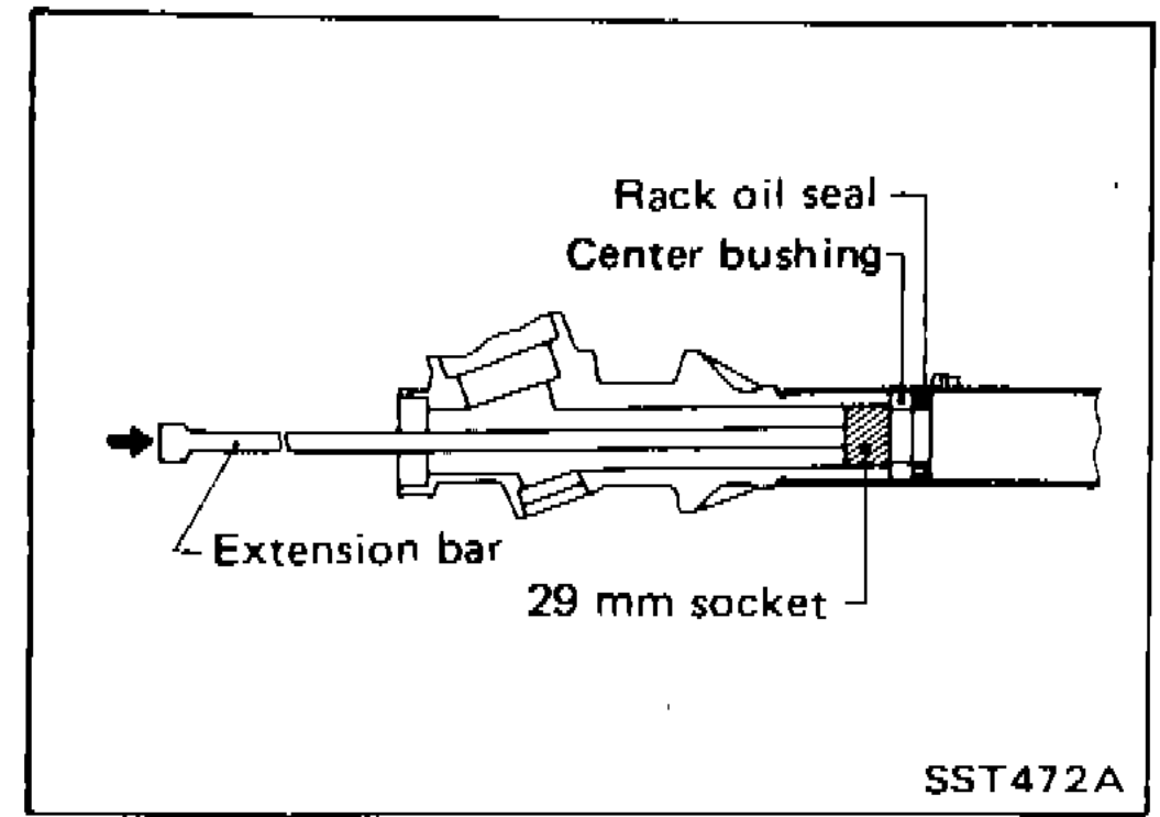 29 mm socket on extension bar (with tape wrapping) being used to push out the center bushing and rack oil seal from the pinion housing.