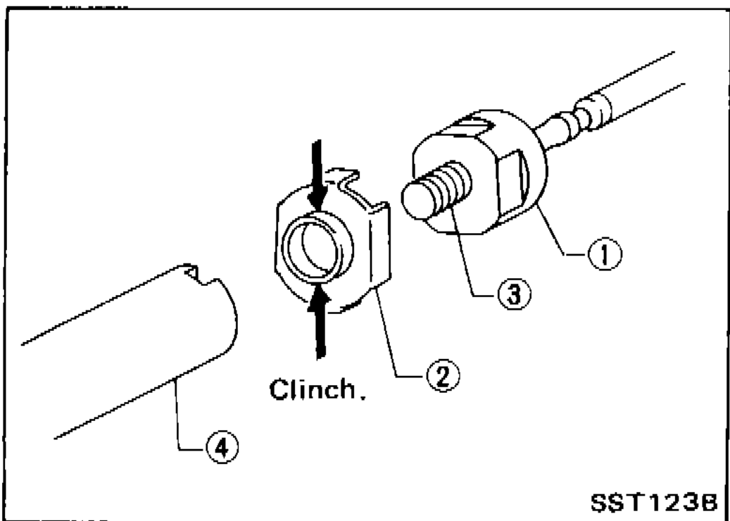 Lock plate ② attached to side rod inner socket ① with locking sealant on inner-socket threads ③; arrows indicate clinch direction. Inner socket then screws into rack ④.