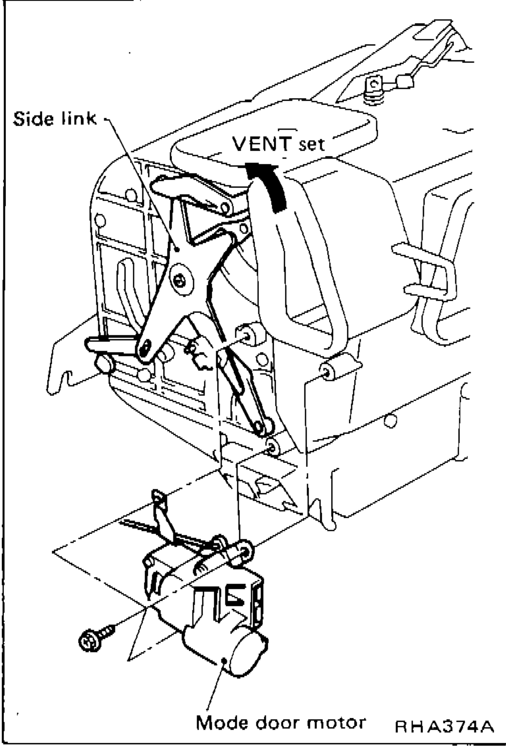 Mode door — side link in VENT set position; mode door motor mounted on heater unit with rod attached to side-link rod holder.