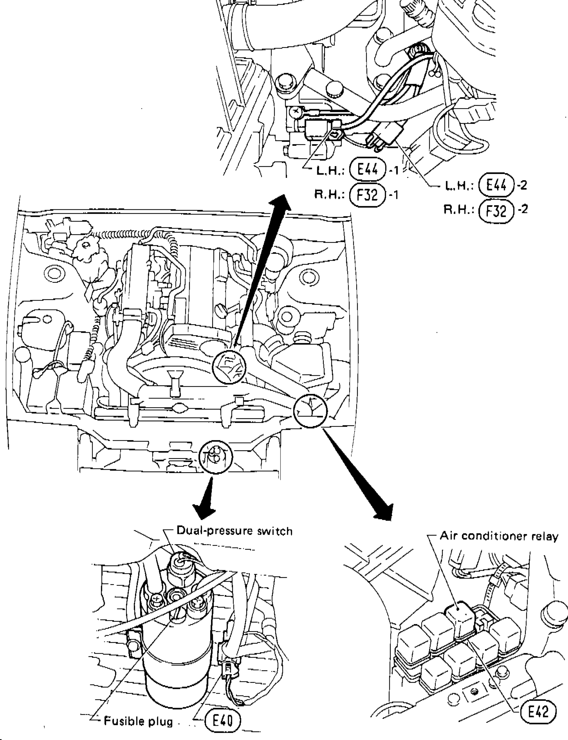 A/C harness layout. Top: passenger-compartment cut-away showing heater unit, cooling unit, intake unit with connector callouts M30/M40/M41/M49/M50/M51/M58. Middle: engine-compartment overhead view with arrows pointing to component close-ups. Bottom-left close-up: dual-pressure switch E40 with fusible plug on receiver drier. Bottom-right close-up: A/C relay box (E42). Connector ID legend lists: engine-room harness E40 dual-pressure switch, E42 A/C relay, L.H. E44-1 compressor magnet clutch, L.H. E44-2 thermal protector; E.F.I. harness R.H. F32-1 compressor magnet clutch, R.H. F32-2 thermal protector; main harness M30 mode door motor, M40 push control unit, M41 fan switch, M49 thermo control amp, M50 resistor, M51 blower motor, M58 intake door motor. Note: 'This illustration is for L.H. drive models. For R.H. drive models, it is basically same.'
