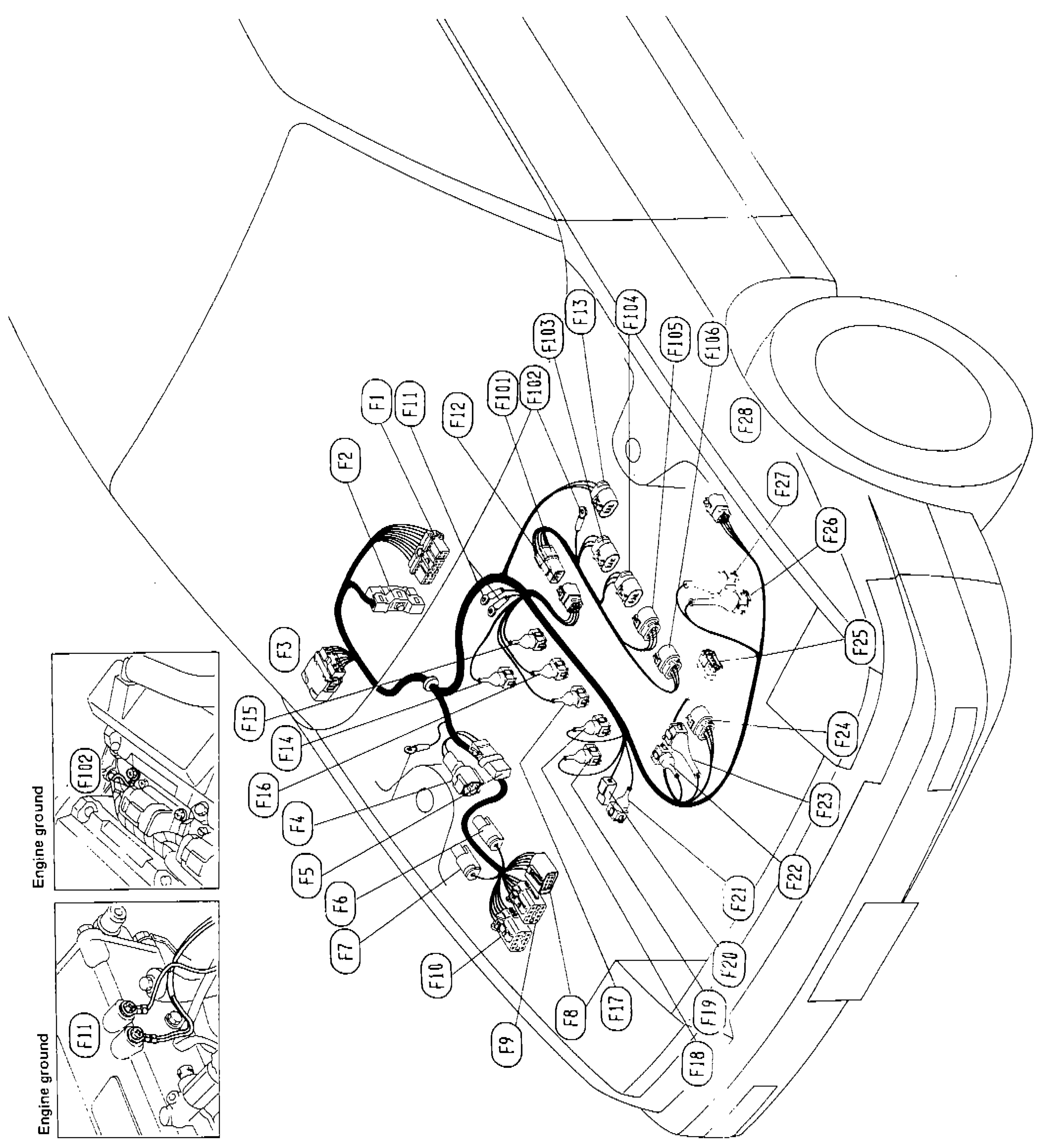 L.H.D. E.F.I. harness routing across the engine bay: connector callouts F1–F32 covering main-harness pass-through (F1 / F2 / F3), check connectors, ECCS control unit (F2 inset), ignition coils (F103–F106), injectors and engine-side sensors. Two engine-ground insets at the lower-left of the diagram show physical grounding locations.